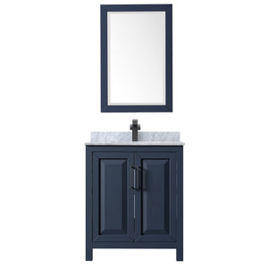 Daria 30 Inch Single Bathroom Vanity in Dark Blue White Carrara Marble Countertop Undermount Square Sink Matte Black Trim 24 Inch Mirror