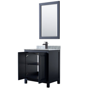 Daria 30 Inch Single Bathroom Vanity in Dark Blue White Carrara Marble Countertop Undermount Square Sink Matte Black Trim 24 Inch Mirror