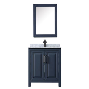 Daria 30 Inch Single Bathroom Vanity in Dark Blue White Carrara Marble Countertop Undermount Square Sink Matte Black Trim Medicine Cabinet