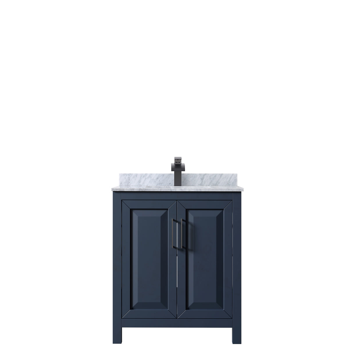 Daria 30 Inch Single Bathroom Vanity in Dark Blue White Carrara Marble Countertop Undermount Square Sink Matte Black Trim