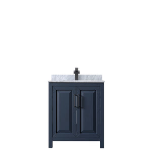 Daria 30 Inch Single Bathroom Vanity in Dark Blue White Carrara Marble Countertop Undermount Square Sink Matte Black Trim