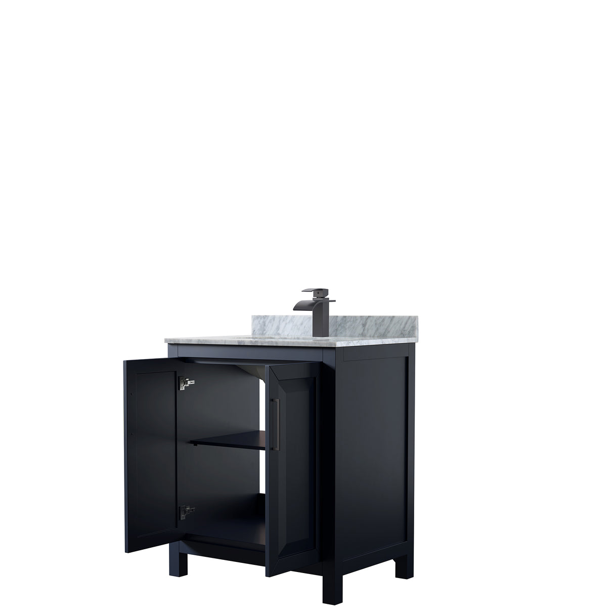 Daria 30 Inch Single Bathroom Vanity in Dark Blue White Carrara Marble Countertop Undermount Square Sink Matte Black Trim