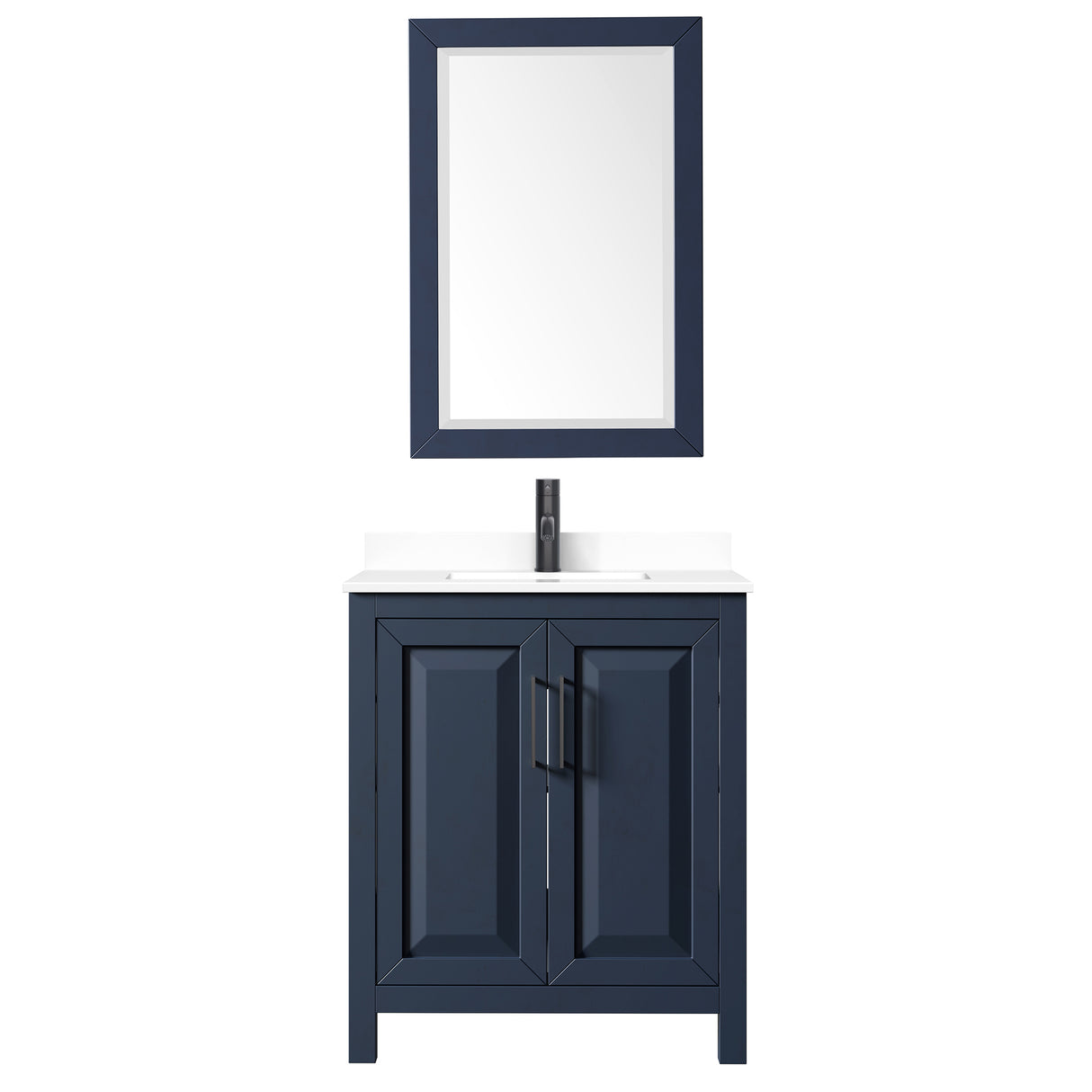 Daria 30 Inch Single Bathroom Vanity in Dark Blue White Cultured Marble Countertop Undermount Square Sink Matte Black Trim 24 Inch Mirror