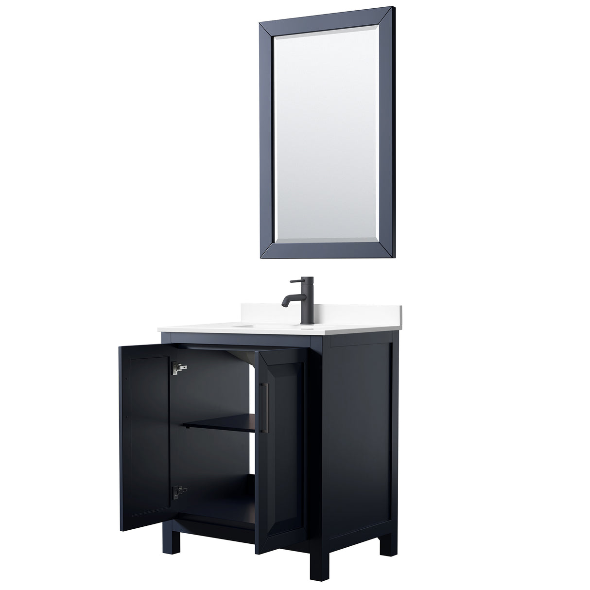 Daria 30 Inch Single Bathroom Vanity in Dark Blue White Cultured Marble Countertop Undermount Square Sink Matte Black Trim 24 Inch Mirror