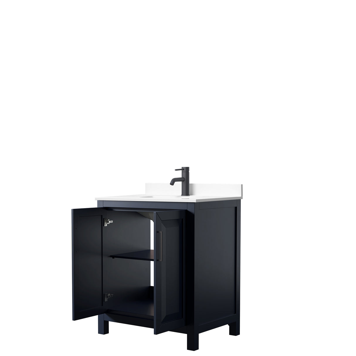 Daria 30 Inch Single Bathroom Vanity in Dark Blue White Cultured Marble Countertop Undermount Square Sink Matte Black Trim