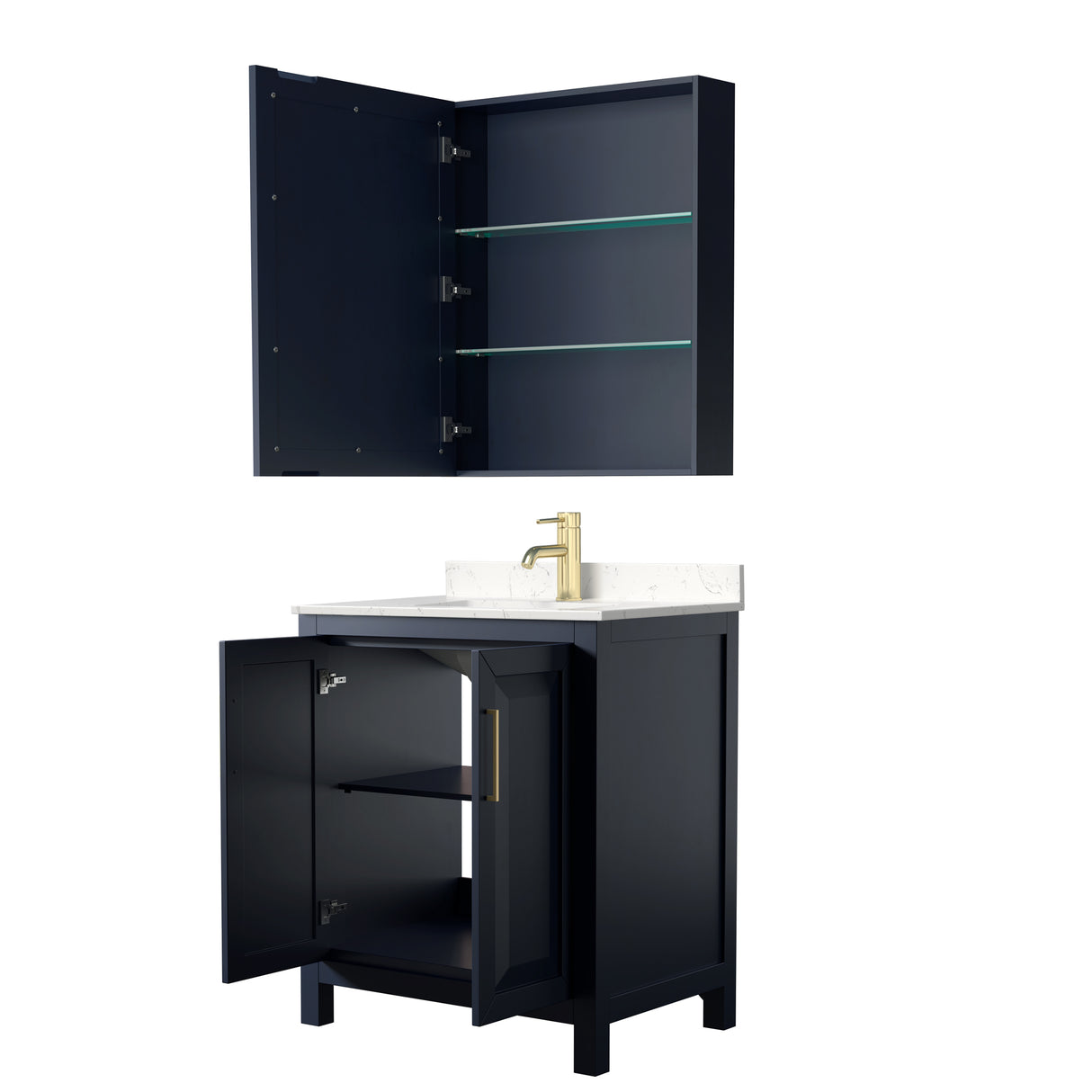 Daria 30 Inch Single Bathroom Vanity in Dark Blue Carrara Cultured Marble Countertop Undermount Square Sink Medicine Cabinet