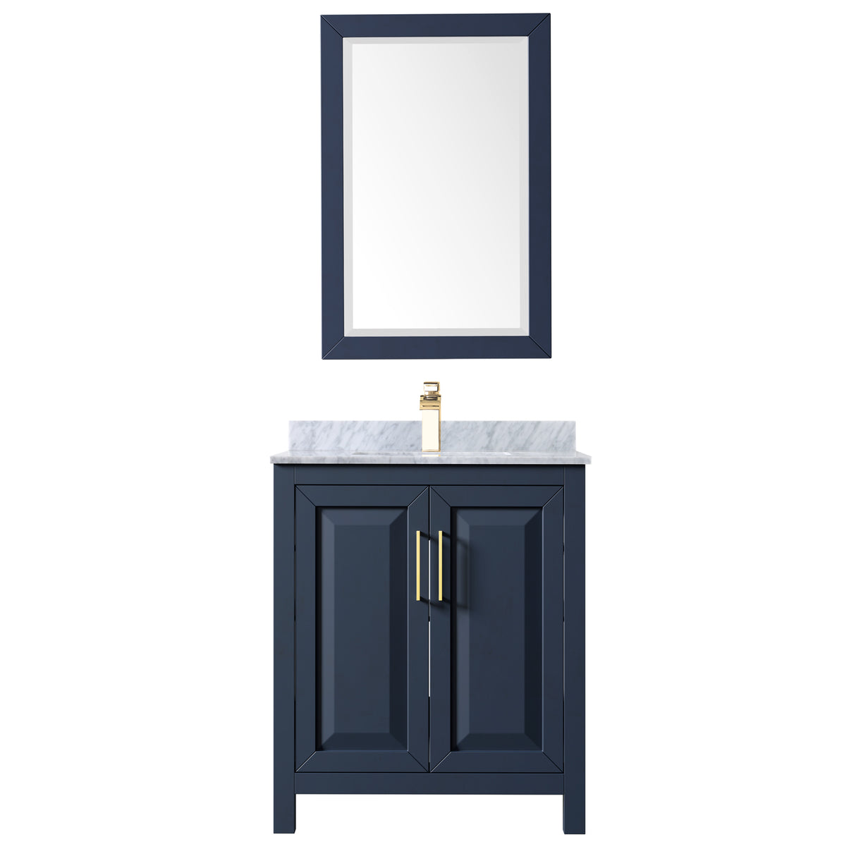 Daria 30 Inch Single Bathroom Vanity in Dark Blue White Carrara Marble Countertop Undermount Square Sink 24 Inch Mirror