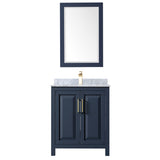 Daria 30 Inch Single Bathroom Vanity in Dark Blue White Carrara Marble Countertop Undermount Square Sink 24 Inch Mirror