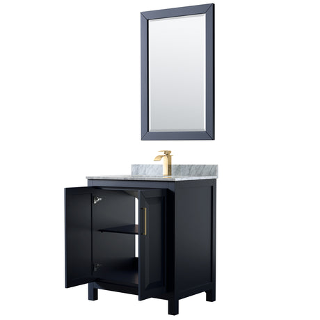 Daria 30 Inch Single Bathroom Vanity in Dark Blue White Carrara Marble Countertop Undermount Square Sink 24 Inch Mirror