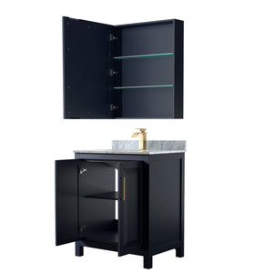 Daria 30 Inch Single Bathroom Vanity in Dark Blue White Carrara Marble Countertop Undermount Square Sink Medicine Cabinet