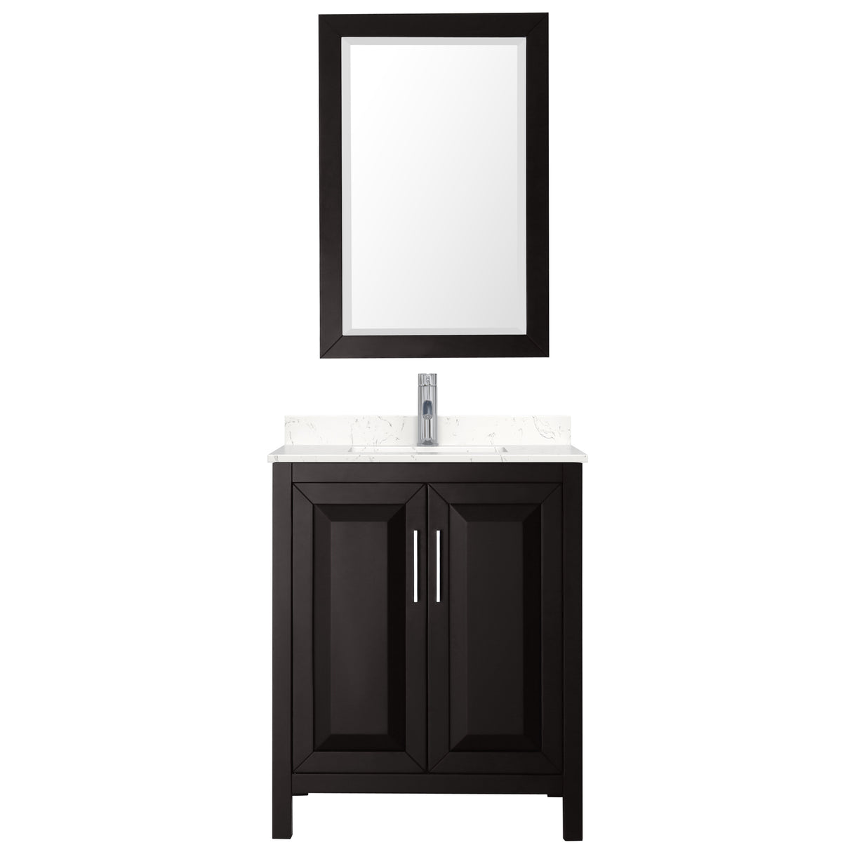 Daria 30 Inch Single Bathroom Vanity in Dark Espresso Carrara Cultured Marble Countertop Undermount Square Sink 24 Inch Mirror