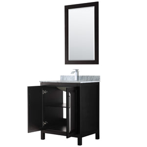 Daria 30 Inch Single Bathroom Vanity in Dark Espresso White Carrara Marble Countertop Undermount Square Sink and 24 Inch Mirror
