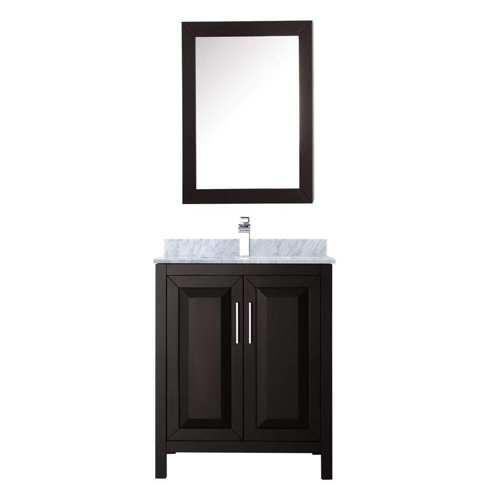 Daria 30 Inch Single Bathroom Vanity in Dark Espresso White Carrara Marble Countertop Undermount Square Sink and Medicine Cabinet