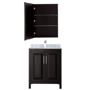 Daria 30 Inch Single Bathroom Vanity in Dark Espresso White Carrara Marble Countertop Undermount Square Sink and Medicine Cabinet