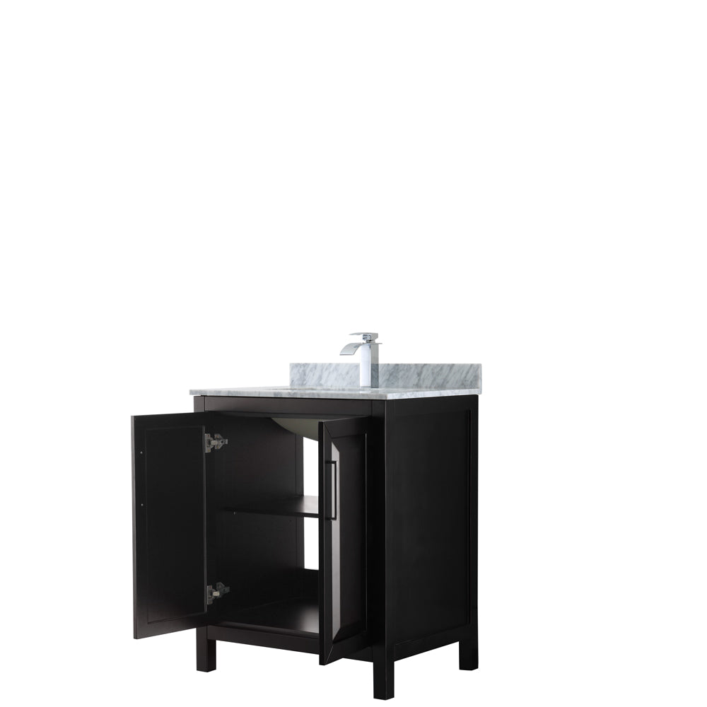 Daria 30 Inch Single Bathroom Vanity in Dark Espresso White Carrara Marble Countertop Undermount Square Sink and No Mirror