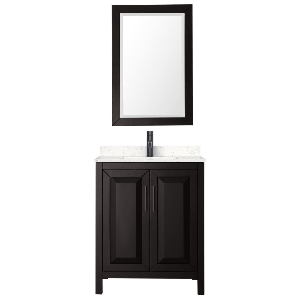 Daria 30 Inch Single Bathroom Vanity in Dark Espresso Carrara Cultured Marble Countertop Undermount Square Sink Matte Black Trim 24 Inch Mirror