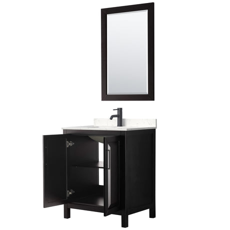 Daria 30 Inch Single Bathroom Vanity in Dark Espresso Carrara Cultured Marble Countertop Undermount Square Sink Matte Black Trim 24 Inch Mirror