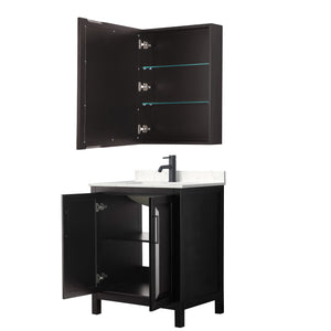 Daria 30 Inch Single Bathroom Vanity in Dark Espresso Carrara Cultured Marble Countertop Undermount Square Sink Matte Black Trim Medicine Cabinet