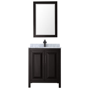 Daria 30 Inch Single Bathroom Vanity in Dark Espresso White Carrara Marble Countertop Undermount Square Sink Matte Black Trim 24 Inch Mirror