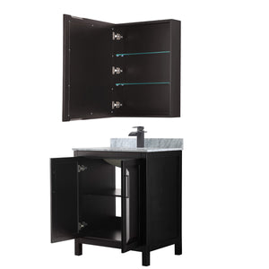 Daria 30 Inch Single Bathroom Vanity in Dark Espresso White Carrara Marble Countertop Undermount Square Sink Matte Black Trim Medicine Cabinet