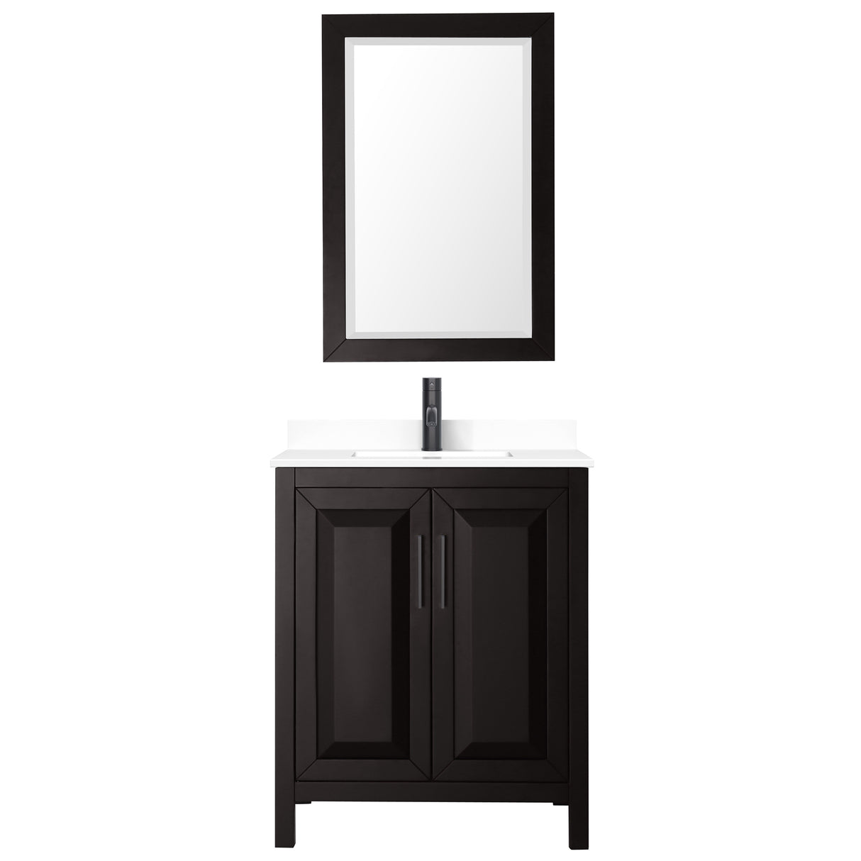 Daria 30 Inch Single Bathroom Vanity in Dark Espresso White Cultured Marble Countertop Undermount Square Sink Matte Black Trim 24 Inch Mirror