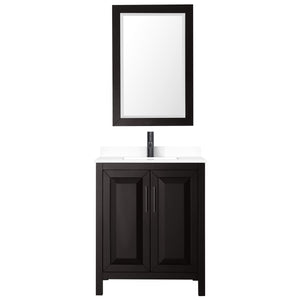Daria 30 Inch Single Bathroom Vanity in Dark Espresso White Cultured Marble Countertop Undermount Square Sink Matte Black Trim 24 Inch Mirror