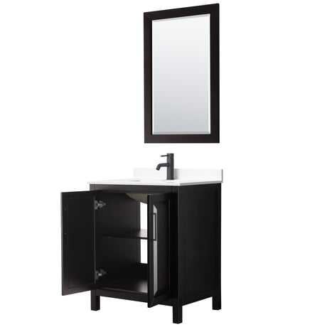 Daria 30 Inch Single Bathroom Vanity in Dark Espresso White Cultured Marble Countertop Undermount Square Sink Matte Black Trim 24 Inch Mirror