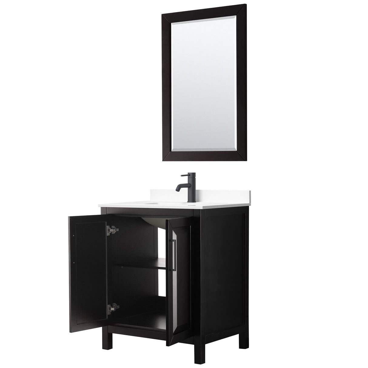 Daria 30 Inch Single Bathroom Vanity in Dark Espresso White Cultured Marble Countertop Undermount Square Sink Matte Black Trim 24 Inch Mirror