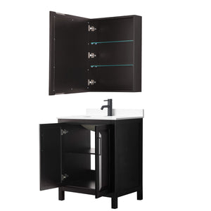 Daria 30 Inch Single Bathroom Vanity in Dark Espresso White Cultured Marble Countertop Undermount Square Sink Matte Black Trim Medicine Cabinet