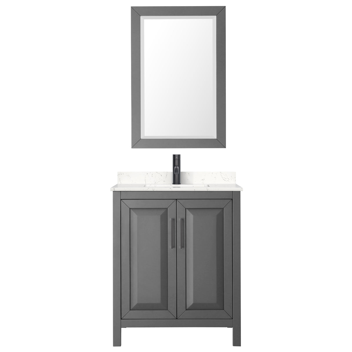 Daria 30 Inch Single Bathroom Vanity in Dark Gray Carrara Cultured Marble Countertop Undermount Square Sink Matte Black Trim 24 Inch Mirror