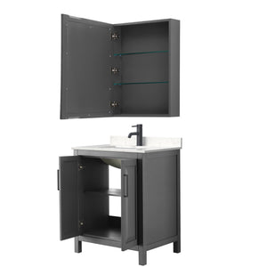 Daria 30 Inch Single Bathroom Vanity in Dark Gray Carrara Cultured Marble Countertop Undermount Square Sink Matte Black Trim Medicine Cabinet