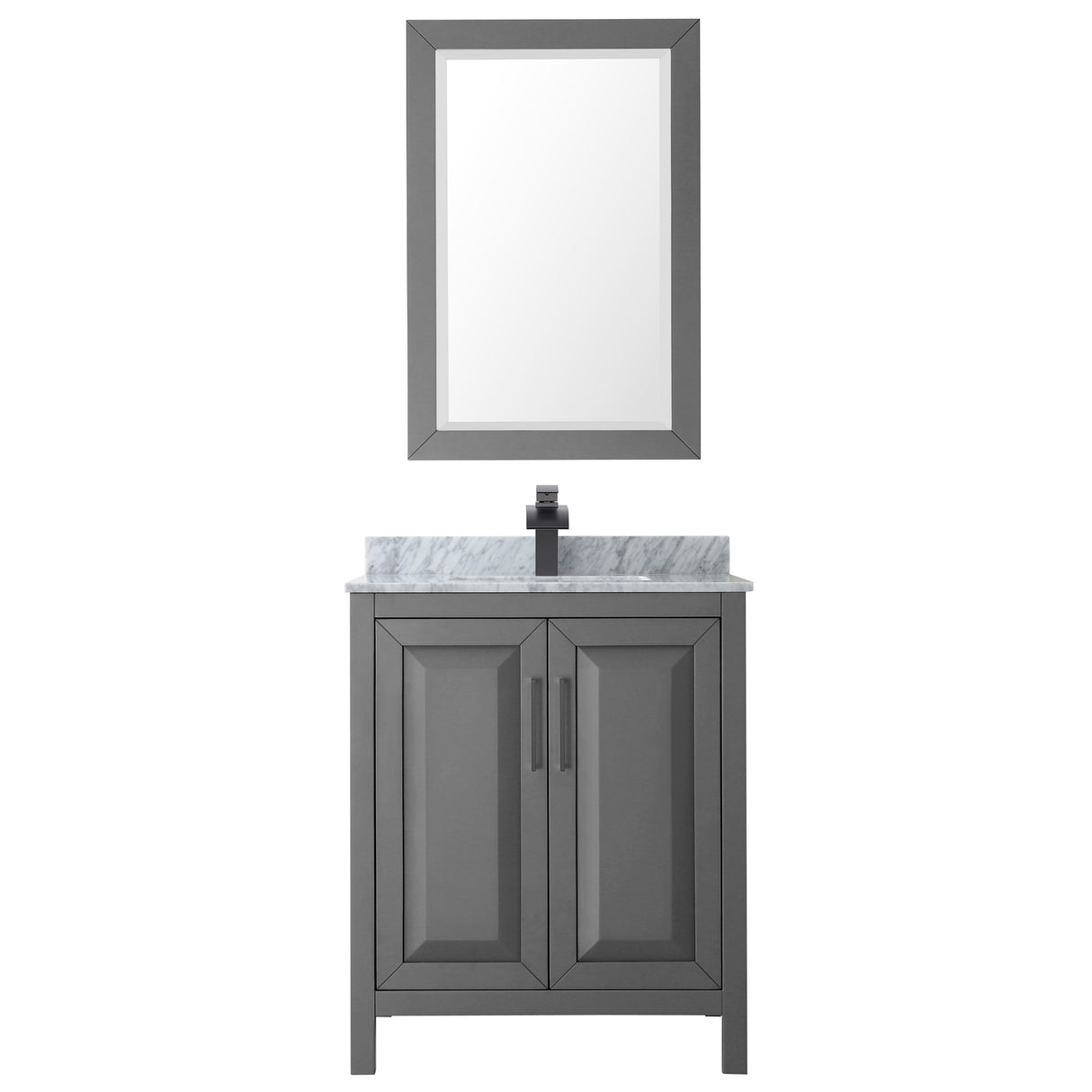 Daria 30 Inch Single Bathroom Vanity in Dark Gray White Carrara Marble Countertop Undermount Square Sink Matte Black Trim 24 Inch Mirror
