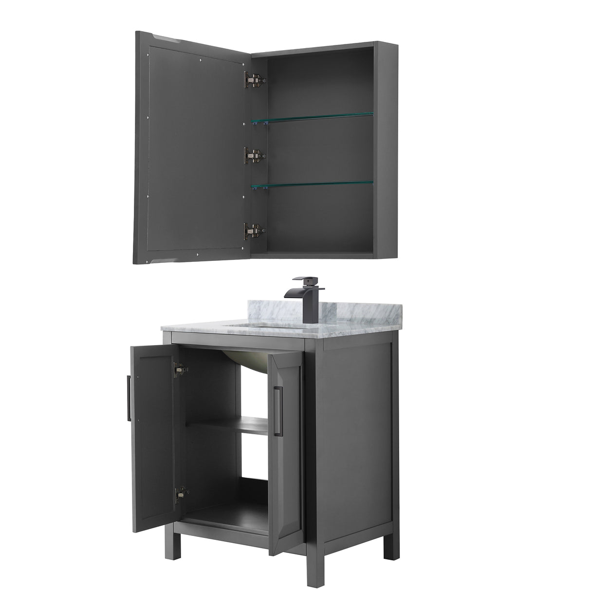 Daria 30 Inch Single Bathroom Vanity in Dark Gray White Carrara Marble Countertop Undermount Square Sink Matte Black Trim Medicine Cabinet