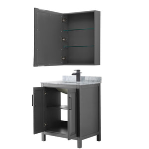 Daria 30 Inch Single Bathroom Vanity in Dark Gray White Carrara Marble Countertop Undermount Square Sink Matte Black Trim Medicine Cabinet