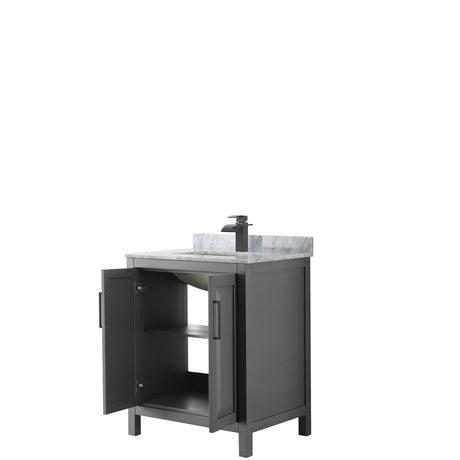 Daria 30 Inch Single Bathroom Vanity in Dark Gray White Carrara Marble Countertop Undermount Square Sink Matte Black Trim