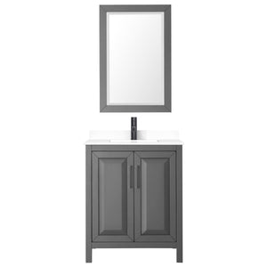 Daria 30 Inch Single Bathroom Vanity in Dark Gray White Cultured Marble Countertop Undermount Square Sink Matte Black Trim 24 Inch Mirror