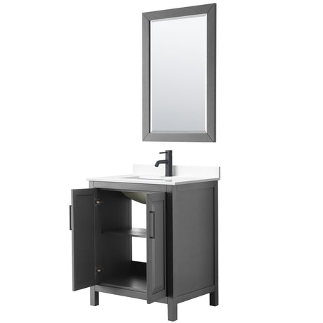 Daria 30 Inch Single Bathroom Vanity in Dark Gray White Cultured Marble Countertop Undermount Square Sink Matte Black Trim 24 Inch Mirror