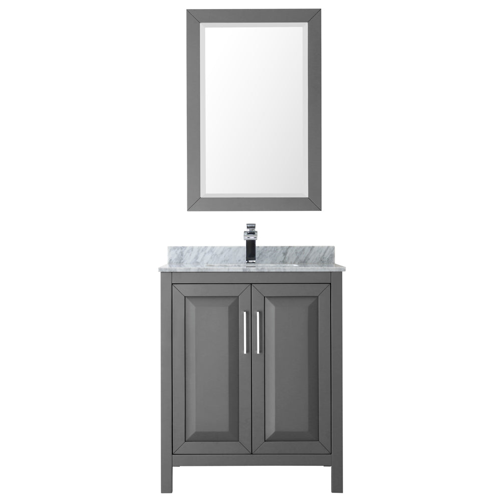 Daria 30 Inch Single Bathroom Vanity in Dark Gray White Carrara Marble Countertop Undermount Square Sink and 24 Inch Mirror