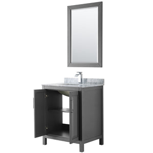 Daria 30 Inch Single Bathroom Vanity in Dark Gray White Carrara Marble Countertop Undermount Square Sink and 24 Inch Mirror