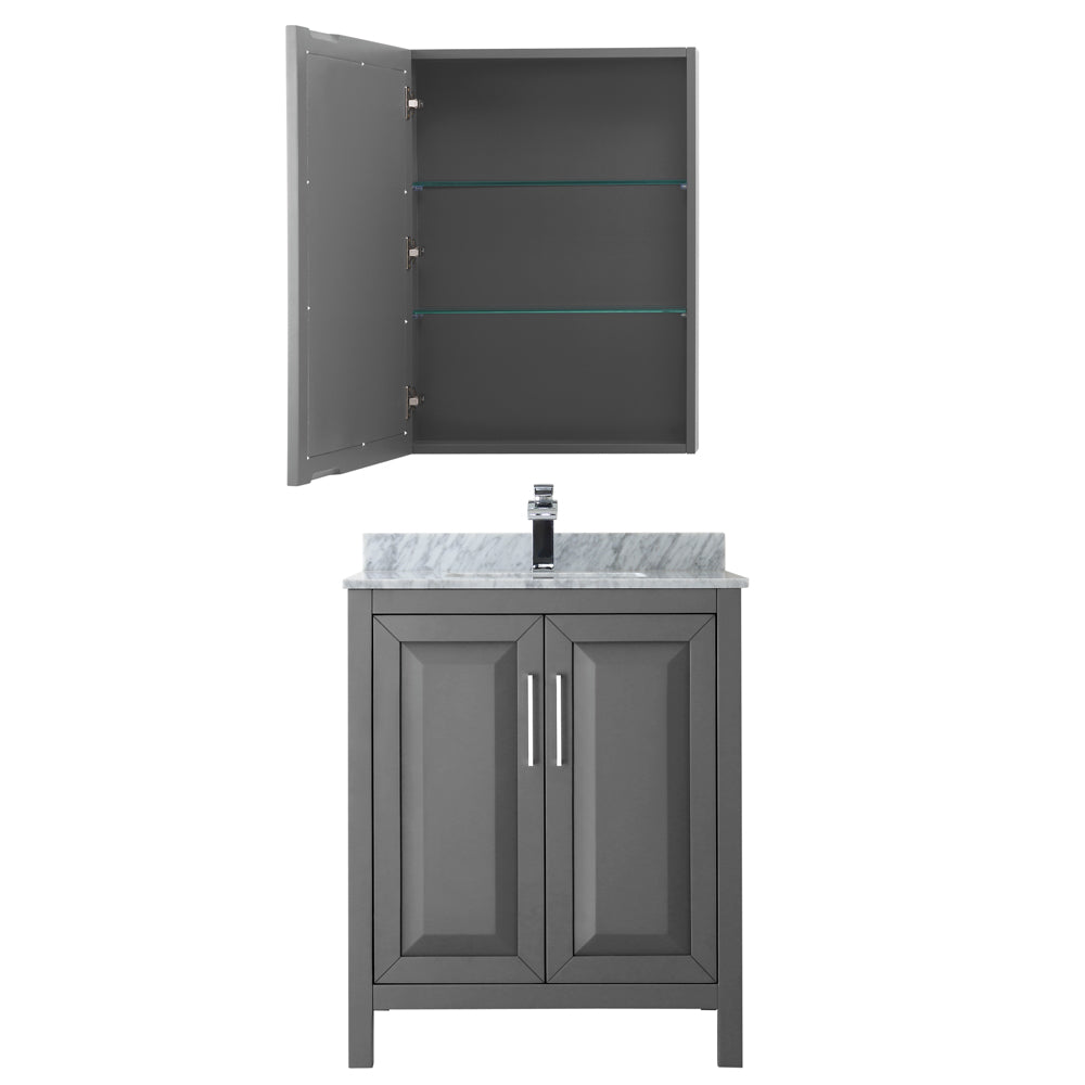 Daria 30 Inch Single Bathroom Vanity in Dark Gray White Carrara Marble Countertop Undermount Square Sink and Medicine Cabinet