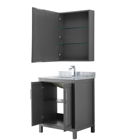 Daria 30 Inch Single Bathroom Vanity in Dark Gray White Carrara Marble Countertop Undermount Square Sink and Medicine Cabinet