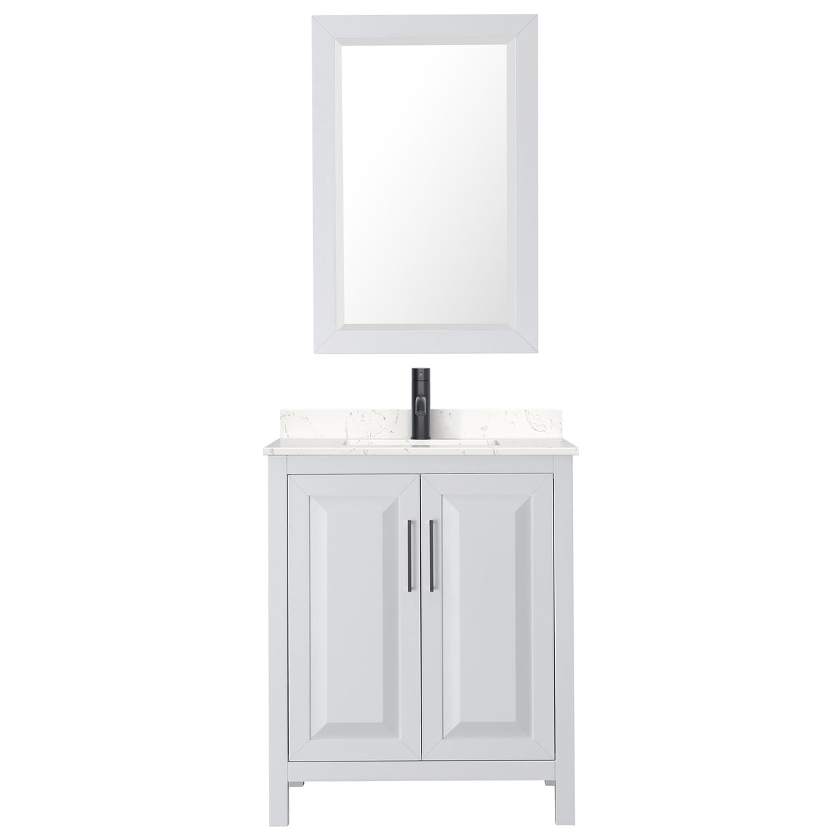 Daria 30 Inch Single Bathroom Vanity in White Carrara Cultured Marble Countertop Undermount Square Sink Matte Black Trim 24 Inch Mirror