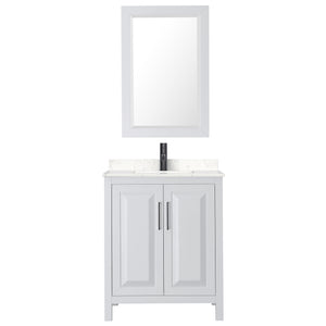 Daria 30 Inch Single Bathroom Vanity in White Carrara Cultured Marble Countertop Undermount Square Sink Matte Black Trim 24 Inch Mirror