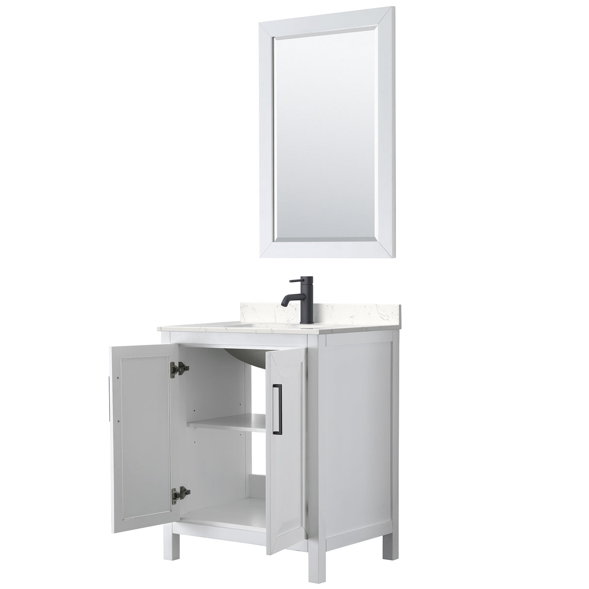 Daria 30 Inch Single Bathroom Vanity in White Carrara Cultured Marble Countertop Undermount Square Sink Matte Black Trim 24 Inch Mirror