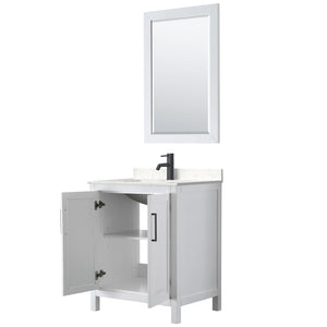 Daria 30 Inch Single Bathroom Vanity in White Carrara Cultured Marble Countertop Undermount Square Sink Matte Black Trim 24 Inch Mirror