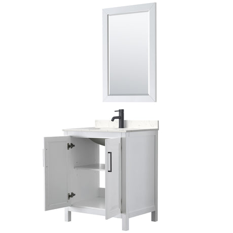 Daria 30 Inch Single Bathroom Vanity in White Carrara Cultured Marble Countertop Undermount Square Sink Matte Black Trim 24 Inch Mirror