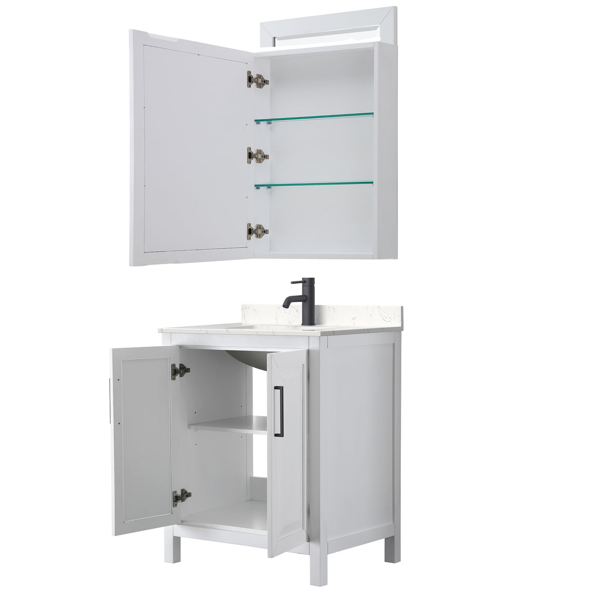 Daria 30 Inch Single Bathroom Vanity in White Carrara Cultured Marble Countertop Undermount Square Sink Matte Black Trim Medicine Cabinet