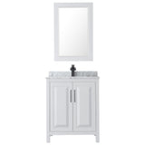 Daria 30 Inch Single Bathroom Vanity in White White Carrara Marble Countertop Undermount Square Sink Matte Black Trim 24 Inch Mirror
