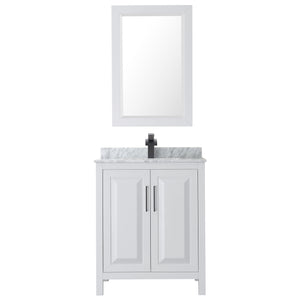 Daria 30 Inch Single Bathroom Vanity in White White Carrara Marble Countertop Undermount Square Sink Matte Black Trim 24 Inch Mirror