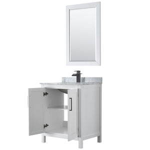 Daria 30 Inch Single Bathroom Vanity in White White Carrara Marble Countertop Undermount Square Sink Matte Black Trim 24 Inch Mirror